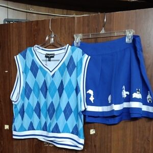DollsKill/New Girl Order Blue Argyle Knit Vest with Looney Tunes Skater Skirt